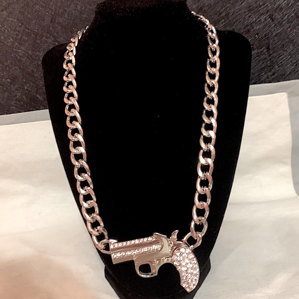 Silver Chunky Chain Pistol Necklace with Rhinestones
